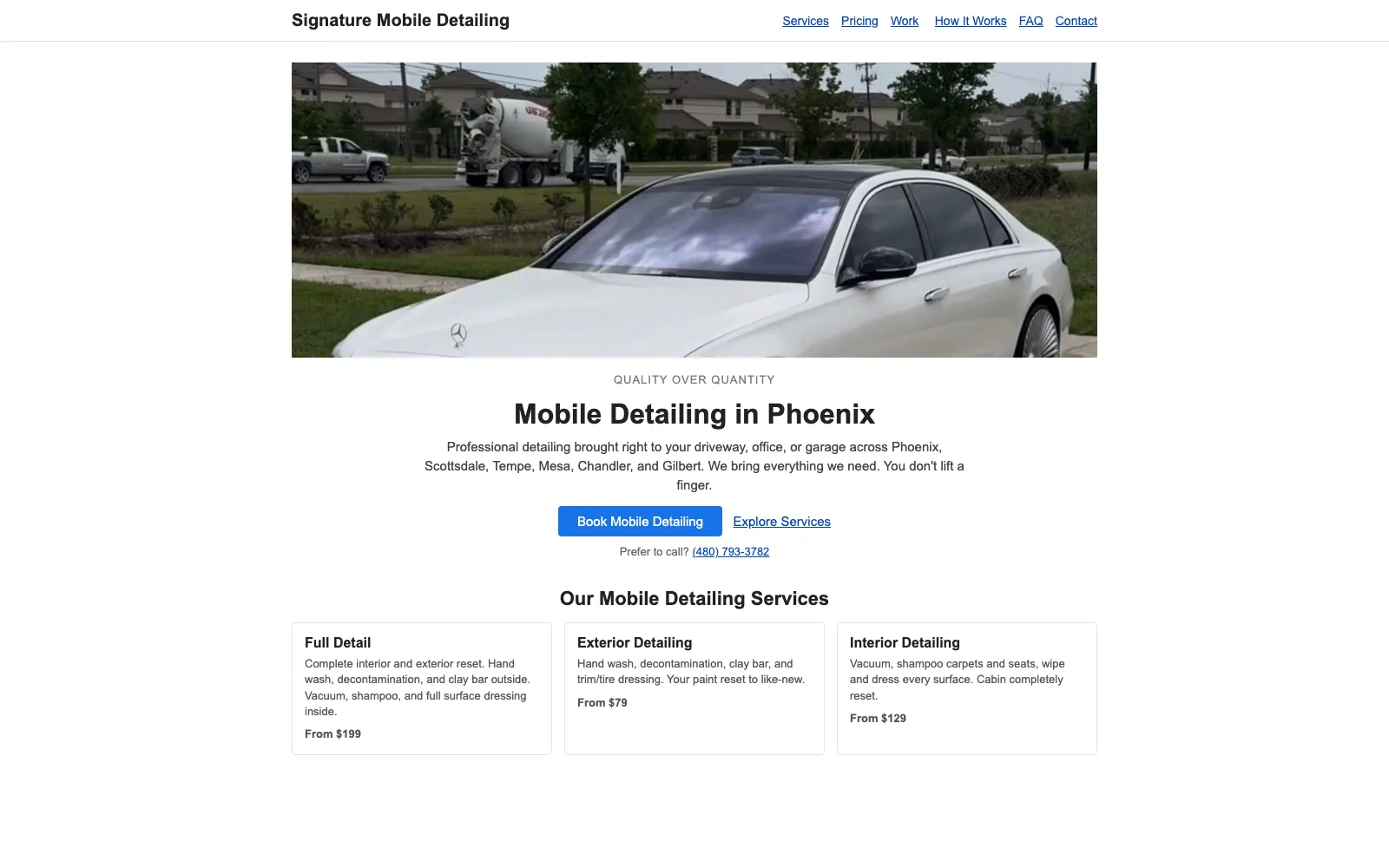 Signature Mobile Detailing's real content in a generic site-builder template